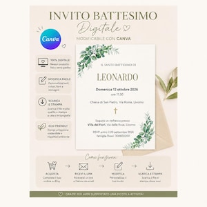 Può includere: Un modello di invito digitale per battesimo con foglie di eucalipto ad acquerello verde, il nome Leonardo e i dettagli dell'evento per il 12 ottobre 2026. Include icone esplicative per modificare su Canva, stampare e scaricare il file.