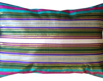 Vintage Turquoise Striped Bekasam Pillow Throw Cushion Cover with Natural Linen Back (12'' x 18")