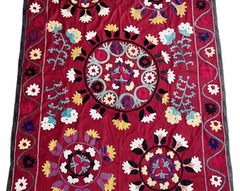 Vintage Uzbek Boysun Hand Embroidered Cotton Suzani Throw Wall Hanging Tablecloth - Floral Design