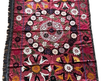Vintage Uzbek Boysun Hand Embroidered Cotton Suzani Throw Wall Hanging Tablecloth - Floral Design