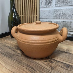 Panela de barro georgiana tradicional com tampa, 2 tamanhos, panela de terracota feita à mão, caçarola de barro sem esmalte, panela rústica para feijão.