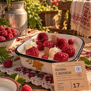 Puede incluir: Un cuenco cuadrado de esmalte blanco con borde negro y detalle floral, relleno de cera de soja, cubierto con frambuesas rojas frescas y gotas de cera blanca. Una etiqueta de papel muestra el texto "МАЛИНА С МОЛОКОМ" y "СЕРИЯ: ДАЧА".