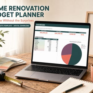 a laptop with a budget renovation budget planner open on a wooden desk, surrounded by various items such as a potted plant, a mug, and a notebook.