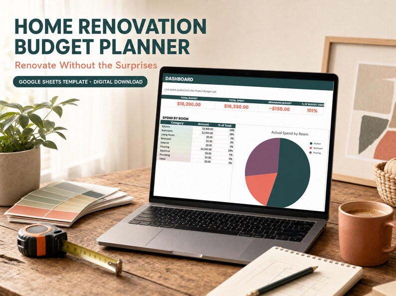 a laptop with a budget renovation budget planner open on a wooden desk, surrounded by various items such as a potted plant, a mug, and a notebook.