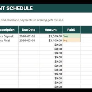 The image is a screenshot of a spreadsheet titled "Payment Schedule" that displays a payment schedule for various expenses.
