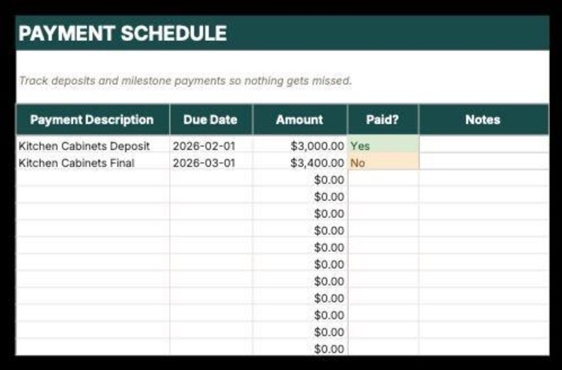 The image is a screenshot of a spreadsheet titled "Payment Schedule" that displays a payment schedule for various expenses.