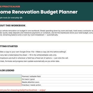 The image is a screenshot of a webpage with a "Home Renovation Budget Planner" tool. The webpage has a green header and a black background, with white text providing information about the tool.
