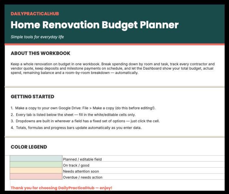 The image is a screenshot of a webpage with a "Home Renovation Budget Planner" tool. The webpage has a green header and a black background, with white text providing information about the tool.