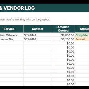 The image is a spreadsheet containing a contractor and vendor log, which tracks the progress and payments for a project.