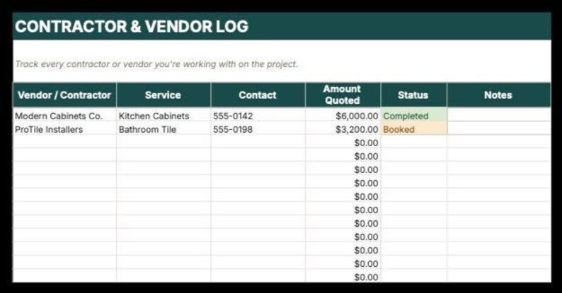 The image is a spreadsheet containing a contractor and vendor log, which tracks the progress and payments for a project.
