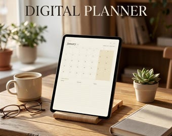 May include: A tablet displaying a digital planner with a January calendar interface, resting on a wooden stand. The screen shows the text DIGITAL PLANNER at the top. A ceramic mug, eyeglasses, a small succulent, and a notebook are on the table.