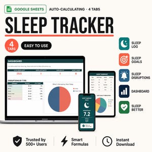 Può includere: Un modello di monitoraggio del sonno Google Sheets visualizzato su un computer portatile, un tablet e uno smartphone. L'interfaccia presenta una dashboard con tabelle di dati, un grafico a torta e un riepilogo del sonno.