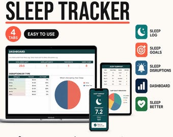 May include: A Google Sheets sleep tracker template displayed on a laptop, tablet, and smartphone. The interface features a dashboard with data tables, a pie chart, and a sleep summary. Icons for sleep log, goals, disruptions, and dashboard are visible.