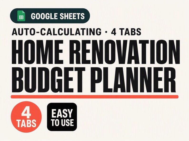 The image is a Google Sheets advertisement for a Home Renovation Budget Planner. It features a large text block with the title "HOME RENOVATION BUDGET PLANNER" and a subtitle "AUTO-CALCULATING - 4 TABS". The advertisement also includes a button that says "4 TABS" and a button that says "EASY TO USE".