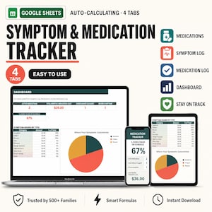 May include: A digital symptom and medication tracker for Google Sheets featuring four tabs. The display shows a dashboard with data tables, pie charts, and metrics on a laptop, smartphone, and tablet. Text includes SYMPTOM & MEDICATION TRACKER.