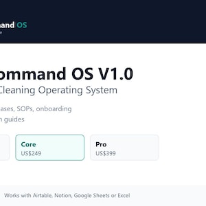 May include: CleanCommand OS V1.0 Commercial Cleaning Operating System digital product interface. Features include import-ready databases, SOPs, onboarding, and implementation guides. Options include Starter, Core, and Pro tiers with pricing.