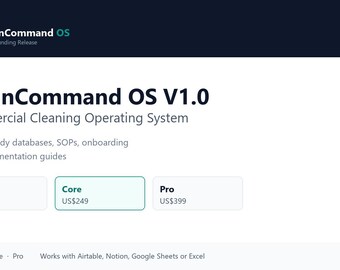 CleanCommand OS Starter | Commercial Cleaning Operations Templates | Excel, Airtable, Notion, Sheets