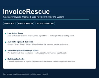 InvoiceRescue - Freelancer Invoice Tracker & Late Payment Follow Up System | Excel Spreadsheet Template, Overdue Invoice Reminders