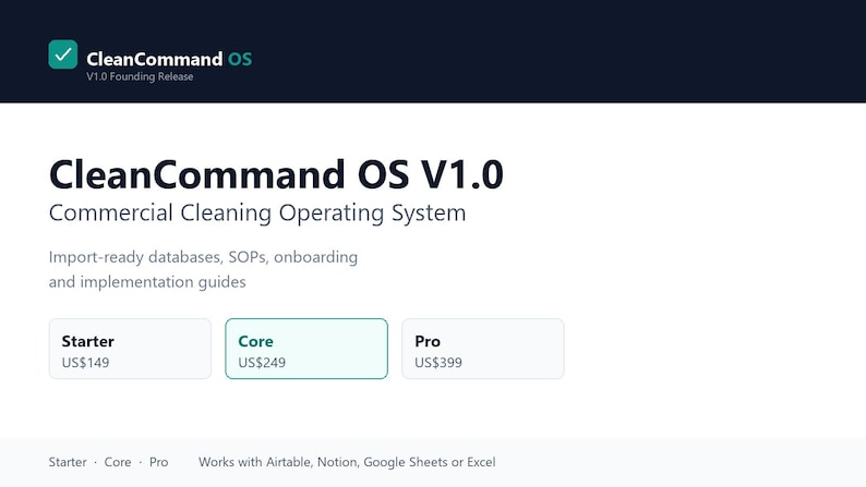 CleanCommand OS Core | Commercial Cleaning Operations System | Excel, Airtable, Notion, Sheets image 1