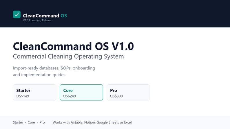 CleanCommand OS Pro | Commercial Cleaning Operations System + Rollout Toolkit | Excel, Airtable, Notion image 1