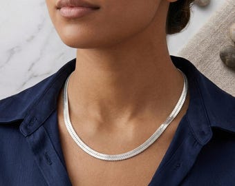 Solid 925 Sterling Silver 4mm Flat Herringbone Snake Chain Necklace, Minimalist Choker