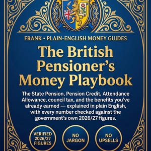 以下が含まれることがあります： 青いブックカバーには「The British Pensioner's Money Playbook」のタイトル、金色の装飾的な縁取り、ライオンが描かれた中央の紋章があります。テキストには「Frank Plain-English Money Guides」、「2026/27 Edition」、および「Verified 2026/27 Figures」、「No Jargon」、「No Upsells」のバッジが含まれています。