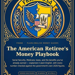 May include: A book cover titled The American Retiree's Money Playbook, featuring a blue and gold emblem with an eagle, a shield, and a scroll. The text includes Frank USA, Plain-English Money Guides, and details about 2026 figures and benefits.