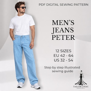 May include: A PDF digital sewing pattern for jeans named Peter, featuring 12 sizes ranging from EU 42-64 and US 32-54. The document includes a step-by-step illustrated sewing guide. The text is displayed alongside a light blue denim jeans design.
