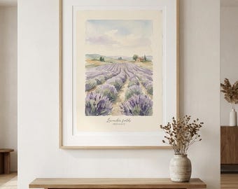 Stampa ad acquerello "Campi di lavanda in Provenza", paesaggio dai toni tenui, decorazione murale (download digitale)