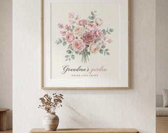 Stampa floreale ad acquerello "Il giardino della nonna", rose rosa, regalo per giardiniere (download digitale)