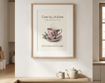 Stampa floreale a forma di tazza da tè per la cucina, decorazione murale accogliente in stile cottage (download digitale)