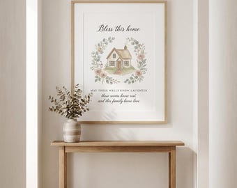 Stampa ad acquerello "Benedisci questa casa", citazione per la benedizione della casa, decorazione per ingresso e corridoio (download digitale)