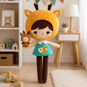 May include: A plush doll featuring a large head with a yellow deer-themed hood, dark brown hair, and rosy cheeks. The doll wears a teal dress with a small fox graphic and holds a miniature brown deer plush toy. The doll has long brown legs.