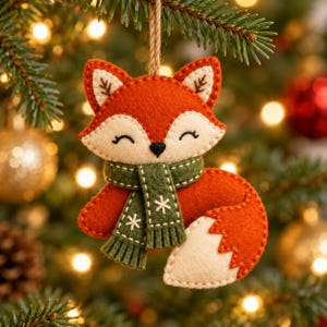 May include: A felt fox ornament in shades of orange, cream, and dark green. The fox has a cream-coloured face, black embroidered eyes and nose, and wears a dark green scarf with white stitched snowflake patterns and fringed ends.