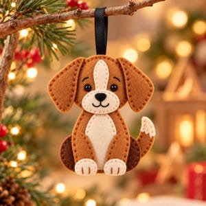 May include: A felt dog ornament featuring brown and cream fabric with stitched details, black bead eyes, and a small black nose. The puppy figure has floppy ears, a white chest patch, and a raised tail, suspended by a thin black ribbon loop.