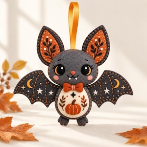 May include: A felt bat ornament featuring a dark grey body, large black eyes, and a small orange bowtie. The wings are decorated with embroidered yellow crescent moons and white stars. The belly displays a pumpkin and leaf motif with a hanging ribbon.