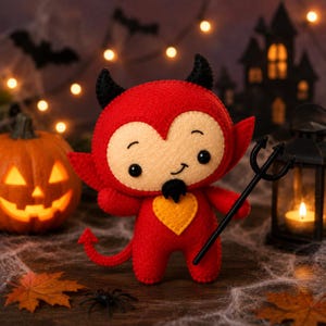 May include: A red felt devil plush toy featuring black horns, a small black goatee, and a yellow heart patch on its chest. The plush holds a black plastic trident in one hand and has a pointed tail, with stitched facial features including eyes and a smile.