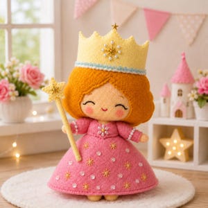 May include: A felt doll dressed as a princess, wearing a yellow crown with a small star and pearl accents. The doll has orange hair, rosy cheeks, and a pink dress decorated with embroidered gold stars and clear sequins, holding a matching star wand.