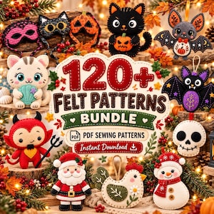 Può includere: Un pacchetto digitale di oltre 120 cartamodelli in feltro con vari personaggi stagionali tra cui un gatto nero, un pipistrello, un diavolo, Babbo Natale, un pupazzo di neve e un teschio, con il testo 120+ FELT PATTERNS BUNDLE PDF SEWING PATTERNS.
