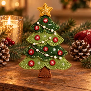 May include: A felt Christmas tree ornament featuring a layered green design with a yellow star topper. The tree is decorated with small red circular accents, white embroidered star patterns, and a string of white beads draped across the branches.