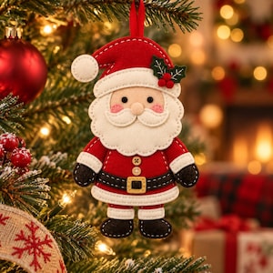 Op de afbeelding: Een vilten kerstornament in de vorm van de Kerstman met een rode muts met witte pompon, een witte baard, een zwarte riem met een gouden gesp en twee kleine houten knoopjes op het jasje. Versierd met groene hulstblaadjes en rode besjes.