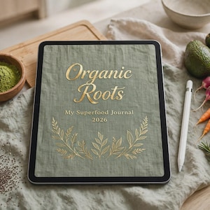 Könnte beinhalten: Ein digitales Tablet mit einem salbeigrünen Cover, goldenem Text Organic Roots My Superfood Journal 2026 und einer botanischen Illustration. Der Bildschirm zeigt eine Leinenstruktur, begleitet von einem weißen Eingabestift daneben.