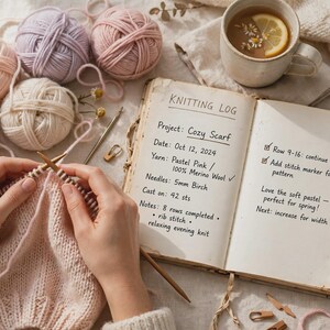 Könnte beinhalten: Ein Stricktagebuch, aufgeschlagen auf einer Seite mit handschriftlichen Notizen unter der Überschrift KNITTING LOG, umgeben von Knäueln aus pastellrosa, lavendelfarbener und cremefarbener Wolle. Stricknadeln aus Holz bearbeiten ein hellrosa Projekt.
