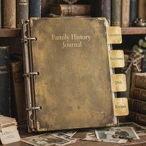 May include: A brass-colored metal binder titled Family History Journal with four tabbed dividers labeled Ancestors, Heirlooms, DNA, and Recipes. The journal features a weathered, aged finish with reinforced metal corners and a three-ring binding mechanism.