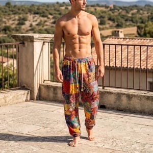 Pantalones harem de patchwork para hombre, pantalones bohemios para festivales, joggers de yoga con cordón, pantalones holgados con estampado étnico, pantalones de playa hippies (regalo)