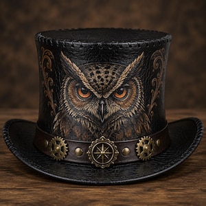 Op de afbeelding: Een zwarte hoge hoed met een gedetailleerde uilenillustratie aan de voorzijde, geaccentueerd met goudkleurige tandwielen en kompasachtige metalen versieringen op een bruine lederlook band, afgewerkt met decoratieve krulpatronen aan de zijkanten.