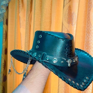Handmade Black Leather Cowboy Hat | Gothic Bull Skull Biker Festival Steampunk Cosplay