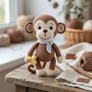 May include: A crocheted monkey toy made of brown and cream yarn, featuring a light blue and white striped scarf around its neck and holding a small yellow crocheted banana. The monkey has dark safety eyes and a stitched nose and mouth.