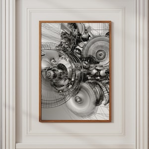 Pode incluir: Uma impressão de arte de parede emoldurada apresentando uma composição digital complexa em preto e branco de engrenagens mecânicas circulares sobrepostas, estruturas de arame intrincadas e formas geométricas abstratas.