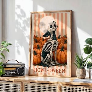 Halloween Skeleton Dog Print, Howl-oween Wall Art, Pumpkin Patch Poster, Printable Digital Download